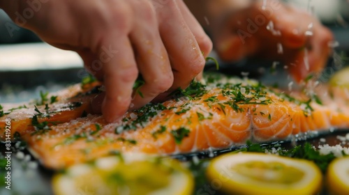 Close-up of hands seasoning a salmon fillet with herbs and lemon, preparing a flavorful and nutritious seafood dish