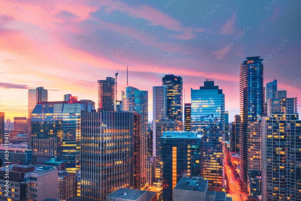 Naklejka premium Vibrant City Skyline at Dusk with Illuminated Buildings Showcasing Urban Energy - Perfect for Posters, Prints, and Designs