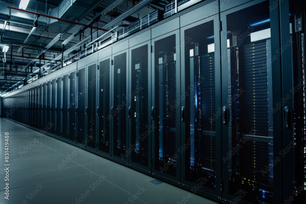 Rows of servers fill a long building hallway in a data center Rows of servers fill a long building hallway in a data center