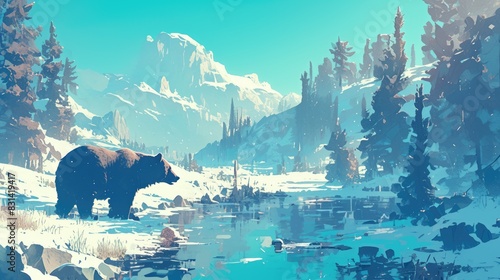 A majestic grizzly bear strolls through a picturesque pine forest dusted with snow in this stunning North inspired 2d illustration of wildlife photo