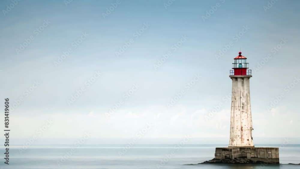 Tall lighthouse amidst vast ocean waters under clear sky, A lighthouse standing tall against the endless expanse of the ocean Tall lighthouse amidst vast ocean waters under clear sky, A lighthouse standing tall against the endless expanse of the ocean