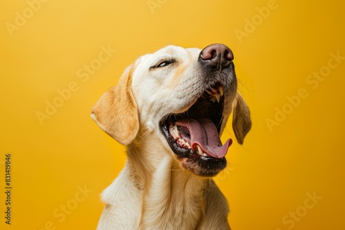 Closeup of a happy labrador retriever with a wideopen mouth on a vibrant yellow background photo