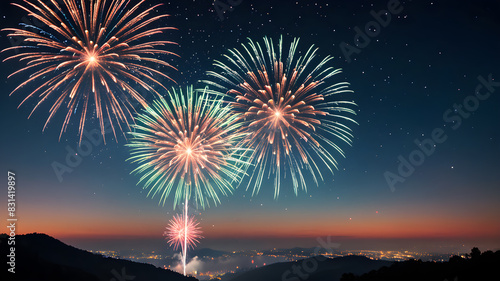 Colorful fireworks of various colors over night sky.