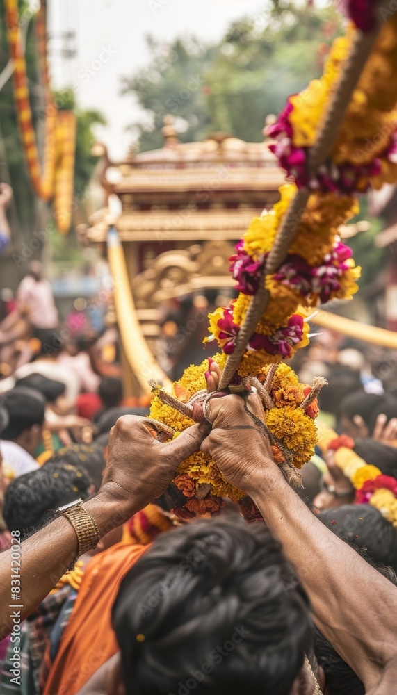 Rath Yatra Celebration Close-Up: Devotees' Hands Pulling Chariot Rope Amidst Crowded Procession - Perfect for Mobile Display and Festive Event Posters Rath Yatra Celebration Close-Up: Devotees' Hands Pulling Chariot Rope Amidst Crowded Procession - Perfect for Mobile Display and Festive Event Posters