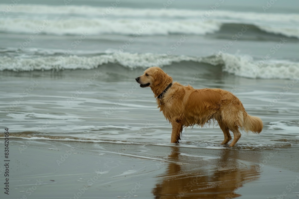 Happy golden retriever dog stands on wet sand with waves in the background Happy golden retriever dog stands on wet sand with waves in the background
