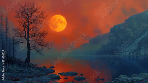 A landscape illustration of a painting of a Sunset with a burnt orange sky, shining on a lake with silhouettes of trees, mountins, a calming ambience photo
