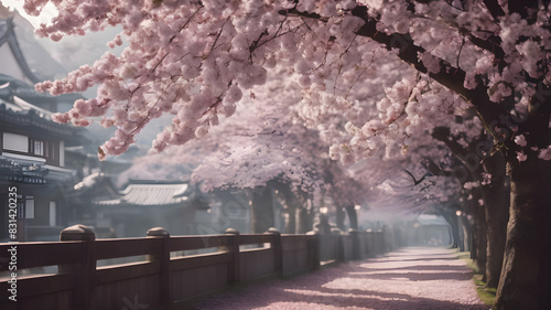 Background with ptreees with pink flowers and petals photo