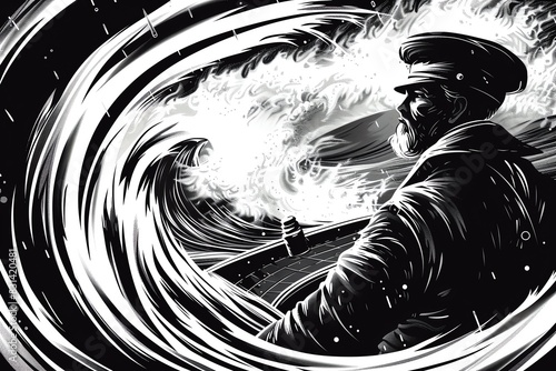 Monochrome illustration of a ship captain braving a stormy sea, showcasing powerful waves and dramatic lighting effects.