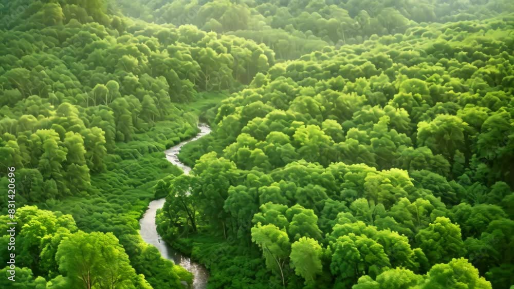 A winding road cuts through a lush green forest with tall trees and ...