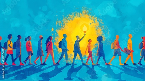 Vibrant illustration of diverse people walking, with one leading and holding a light bulb, symbolizing leadership and innovation. photo