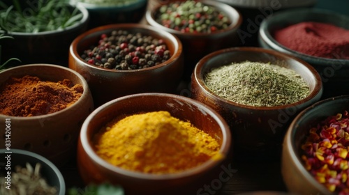 Close-up of spices and herbs arranged in bowls, ready to be used in cooking, adding flavor and aroma to dishes