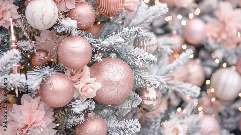 copy space, stockphoto, beautiful christmas tree decorated with gentle shades of blush pink ornaments and baubles, white tinsels. festive celebrate christmas eve background concept banner of xmas deco copy space, stockphoto, beautiful christmas tree decorated with gentle shades of blush pink ornaments and baubles, white tinsels. festive celebrate christmas eve background concept banner of xmas deco