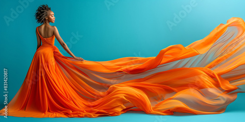 an orange dressed black woman in front of blue backdrop photo