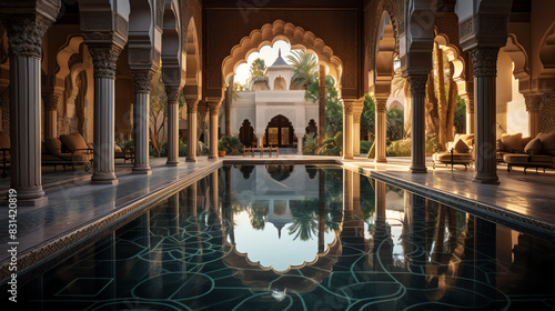 a long reflecting pool in a courtyard with ornate columns and arches all around. photo