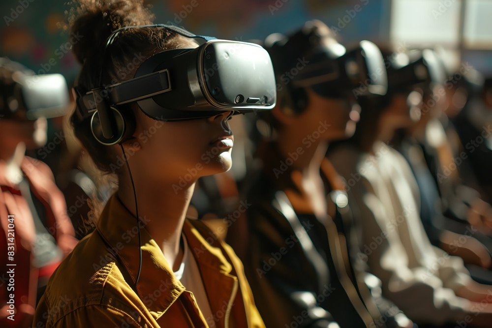 Group of diverse people using virtual reality VR headsets, experiencing immersive technology in a classroom or seminar setting. Group of diverse people using virtual reality VR headsets, experiencing immersive technology in a classroom or seminar setting.