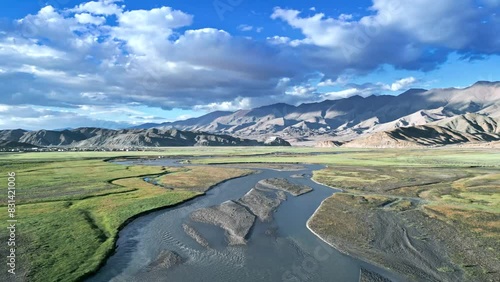 High-altitude lake in the Himalayas Tso Momriri from a drone, Ladakh
