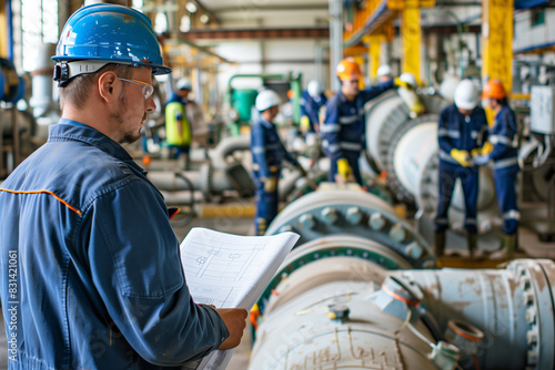 The stationary engineer stands confidently, reviewing blueprints while workers in uniforms and helmets are seen in the background. The workers are actively engaged in repairing lar photo