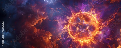 A banner illustration  A fiery Pentagram in a stormy sky  purple and red color theme  clouds  gothic style  witchcraft