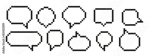 Pixel speech bubbles pack.  Illustration in 8 bit pixel art style.Text boxes for chats and games.
