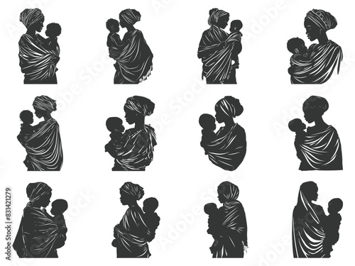 African Mom holding a child silhouette, Black mother, African babies, Black girls, African Baby Silhouette.