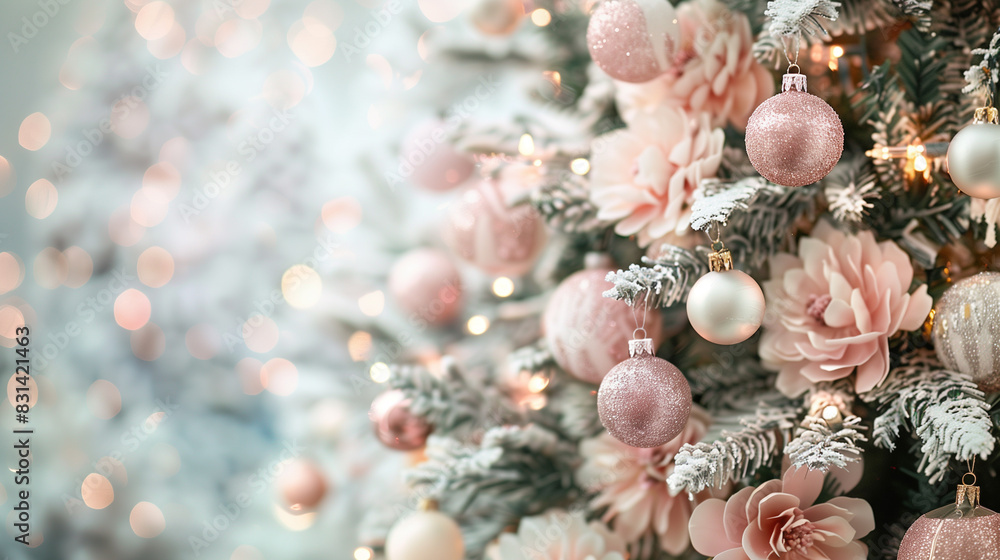 Obraz premium copy space, stockphoto, beautiful christmas tree decorated with gentle shades of blush pink ornaments and baubles, white tinsels. festive celebrate christmas eve background concept banner of xmas deco