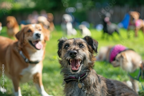 Group of happy dogs enjoys a sunny day outdoors in a lively park setting