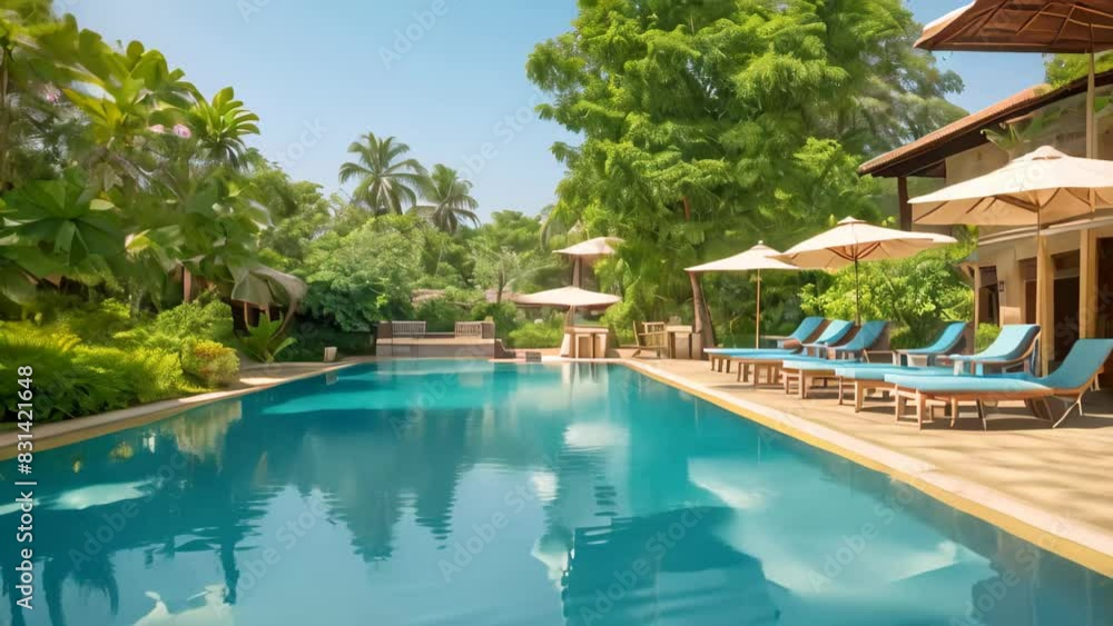 A pool surrounded by lounge chairs and umbrellas providing shade on a sunny day at a luxurious resort, A luxurious resort pool, complete with sparkling water and sun loungers A pool surrounded by lounge chairs and umbrellas providing shade on a sunny day at a luxurious resort, A luxurious resort pool, complete with sparkling water and sun loungers