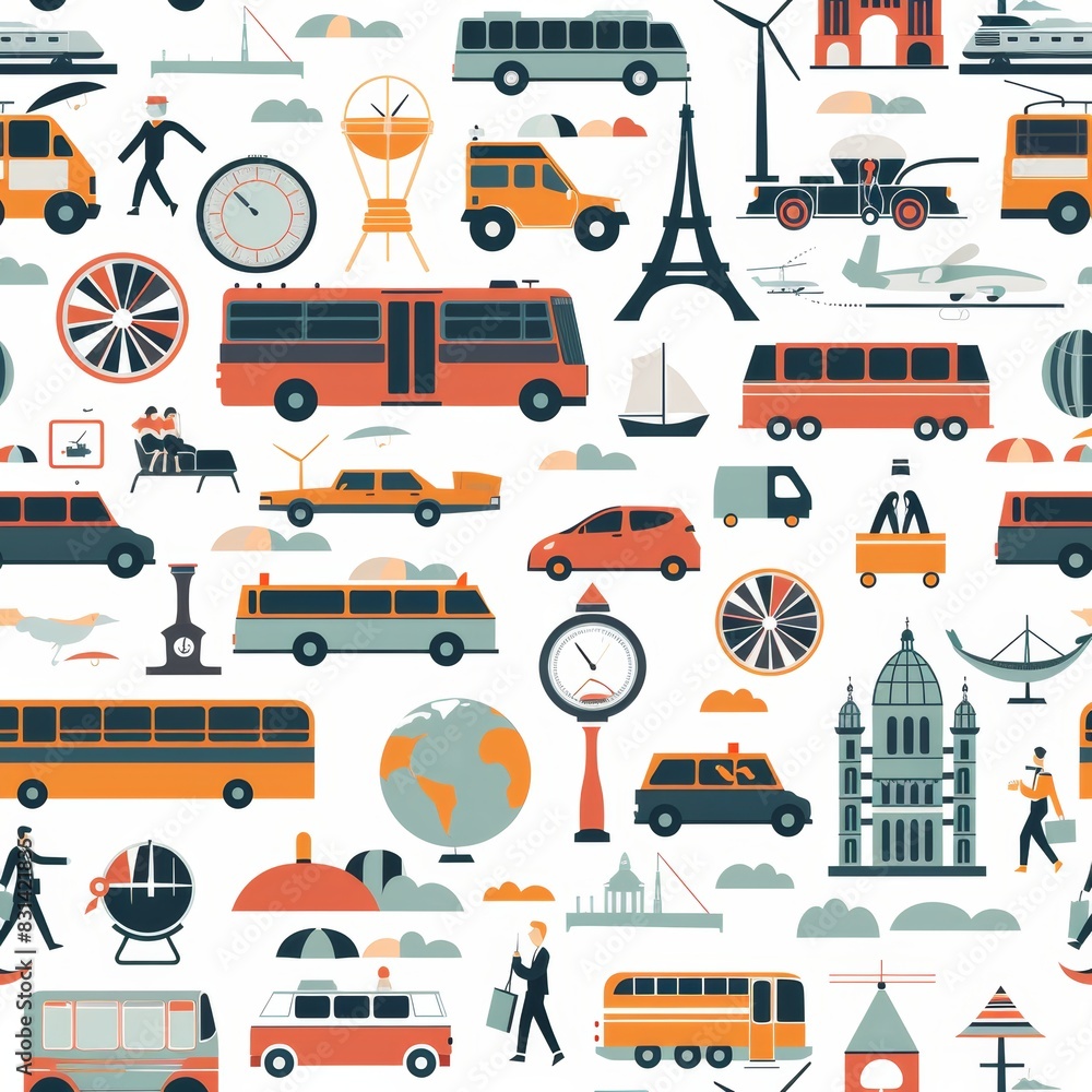 Naklejka premium Seamless Transportation Icons Pattern - Global Movement and Migration Concept for Print Design