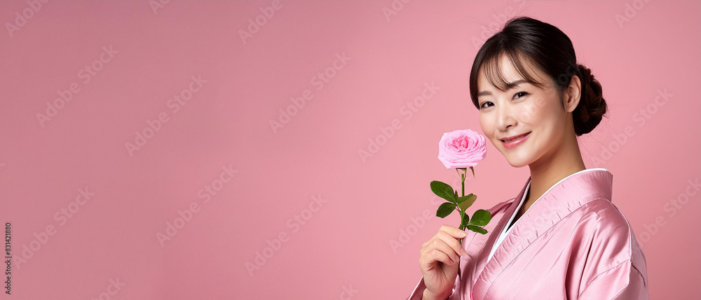 A breathtaking Asian woman, dressed in a pink gown and holding a rose, poses solo against a pink background. A breathtaking Asian woman, dressed in a pink gown and holding a rose, poses solo against a pink background.