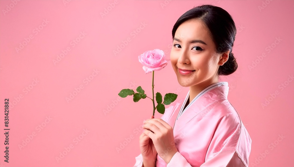 Beautiful Japanese woman in pink dress holding a rose in her hand, isolated on pink background Beautiful Japanese woman in pink dress holding a rose in her hand, isolated on pink background