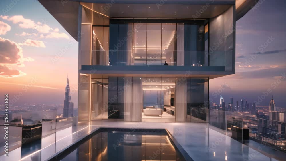 View of A very tall building towering over a pool in front, showcasing luxury ...
