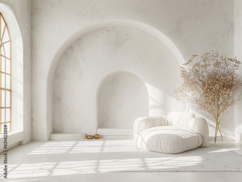 A white room with a couch and a plant. The room is very clean and empty A white room with a couch and a plant. The room is very clean and empty