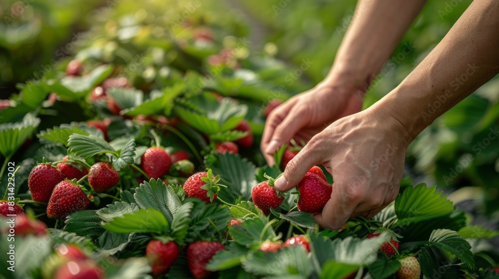 A person bending down in a field, harvesting ripe red strawberries from a bush A person bending down in a field, harvesting ripe red strawberries from a bush