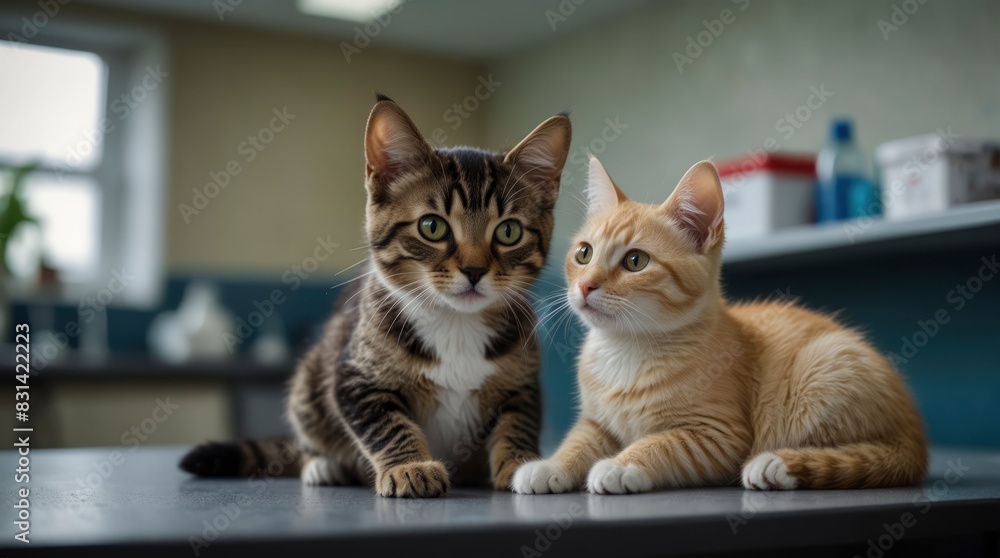 Puppy and kitten get health check and vaccines at vet. Dog and cat receive care at animal clinic Puppy and kitten get health check and vaccines at vet. Dog and cat receive care at animal clinic