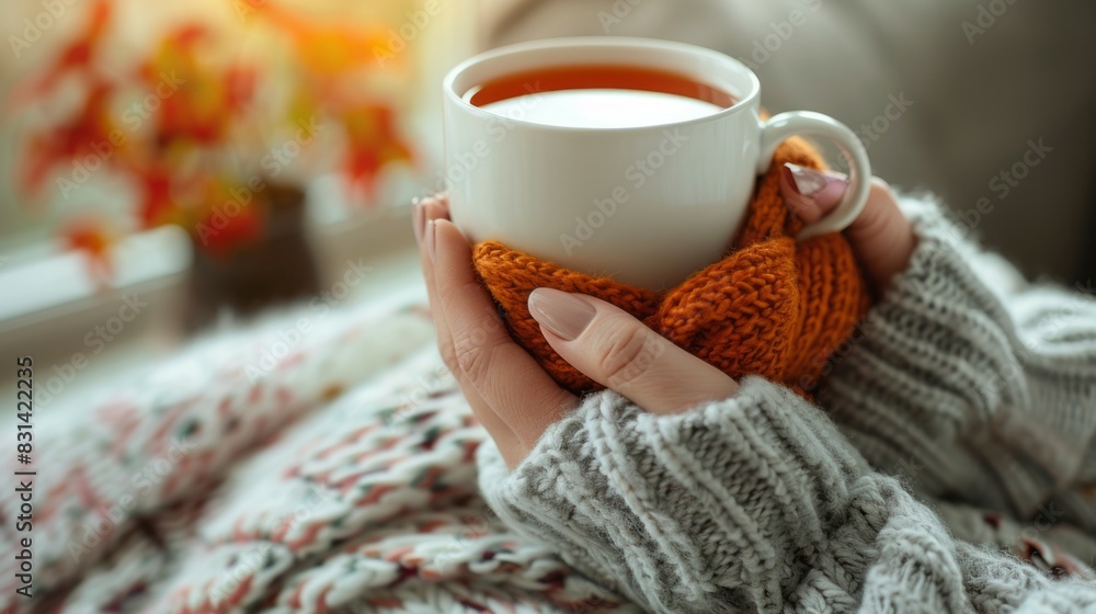A woman sitting while holding a cup of tea in her hands A woman sitting while holding a cup of tea in her hands