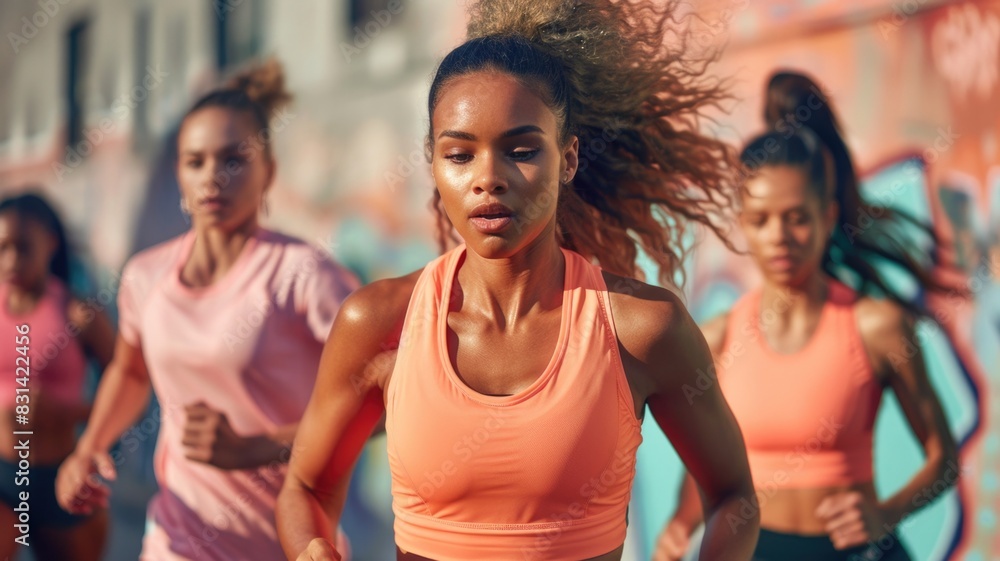 Motivated athletes in a gym, wearing Apricot Crush activewear, emphasizing energy and fitness Motivated athletes in a gym, wearing Apricot Crush activewear, emphasizing energy and fitness