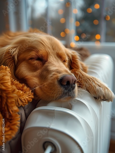 Pets, heating season. The dog is warming up near the heating battery. High quality photo. Generated by AI