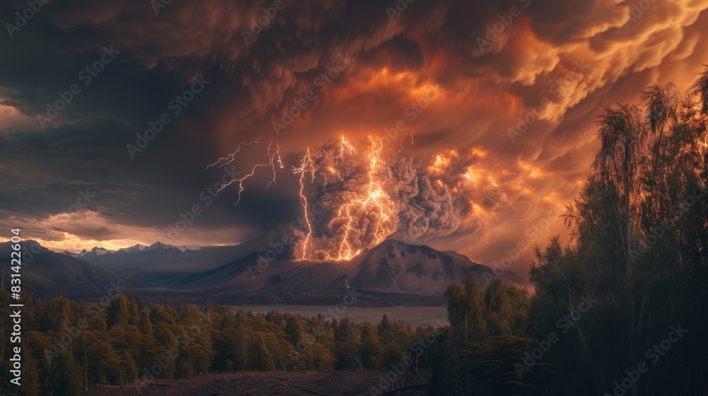 Dramatic image of a volcanic lightning storm illuminating the ash clouds above an erupting volcano, creating a surreal and awe-inspiring sight Dramatic image of a volcanic lightning storm illuminating the ash clouds above an erupting volcano, creating a surreal and awe-inspiring sight