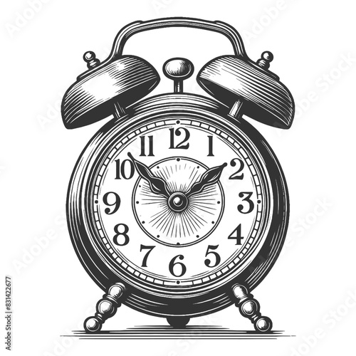 vintage alarm clock with visible hands and hour marks representing concept of time in a classic style sketch engraving generative ai vector illustration. Scratch board imitation. Black and white image