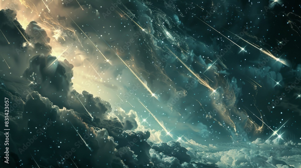 Dramatic image of shooting stars falling against a backdrop of swirling clouds, creating a mystical and ethereal atmosphere Dramatic image of shooting stars falling against a backdrop of swirling clouds, creating a mystical and ethereal atmosphere