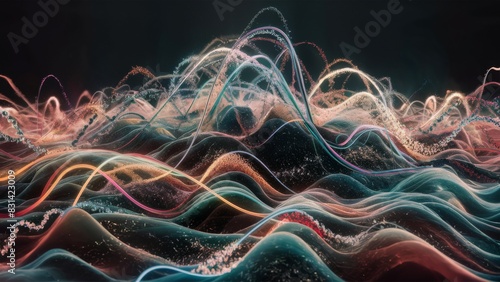 The background is in the form of bright, intertwining waves of light.
The particles rise and fall in a harmonious and at the same time chaotic dance reflecting the complex interaction of energy.