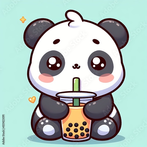 cute panda drinking boba milk tea cartoon vector icon illustration photo