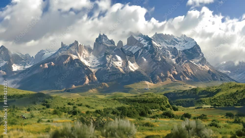 Majestic mountain range covered in snow with clouds hovering above, A majestic mountain range looming in the distance Majestic mountain range covered in snow with clouds hovering above, A majestic mountain range looming in the distance