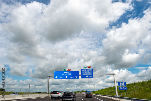 Driving on highway and road signs to Paris and other French cities, different types or roads in  France, transportation and traffic photo