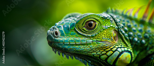 Head shot closeup of Green Crested Lizard.