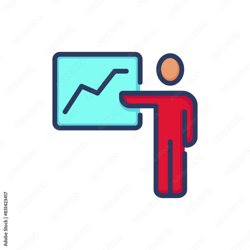 Project presentation line icon. Speaker pointing hand at chart on board isolated outline sign. Meeting, conference, business concept. Vector illustration for web design and apps Project presentation line icon. Speaker pointing hand at chart on board isolated outline sign. Meeting, conference, business concept. Vector illustration for web design and apps