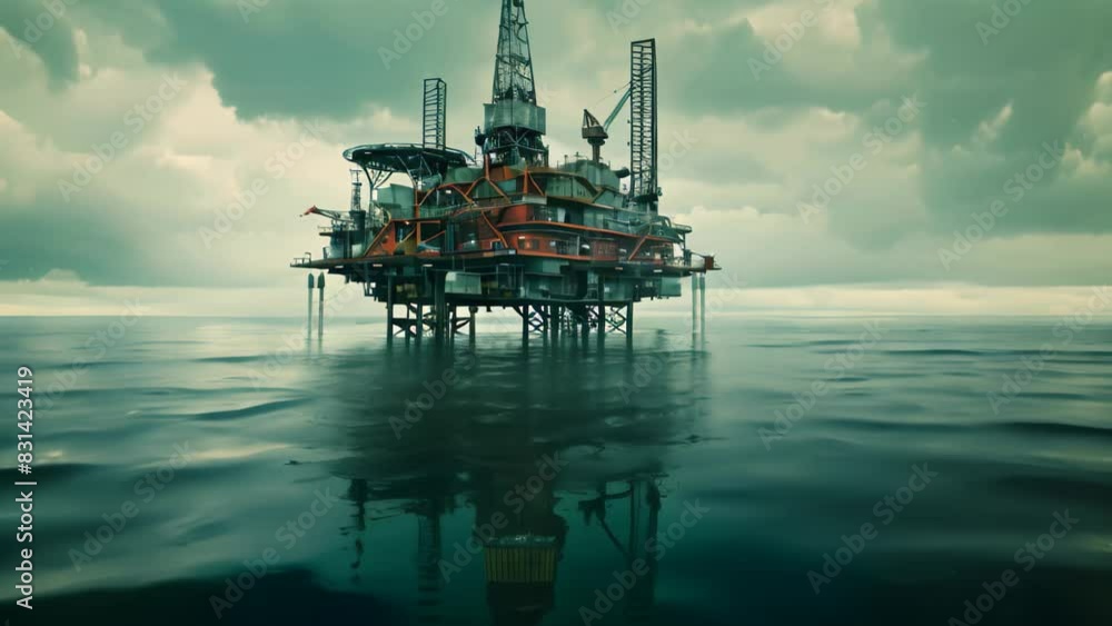 An oil rig towering above the calm ocean waters, extracting resources in the offshore drilling operation, A majestic oil rig floating amidst a serene ocean backdrop An oil rig towering above the calm ocean waters, extracting resources in the offshore drilling operation, A majestic oil rig floating amidst a serene ocean backdrop