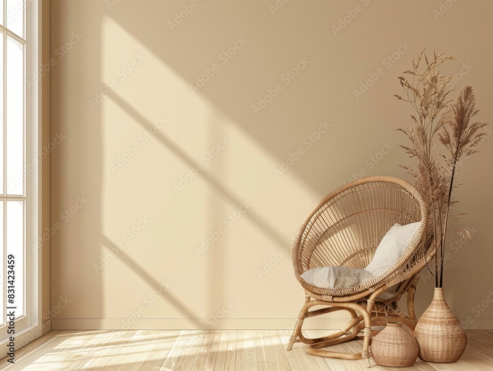 A room with a white wall and a chair with a white pillow. The chair is in front of a window and there are two vases on the floor A room with a white wall and a chair with a white pillow. The chair is in front of a window and there are two vases on the floor
