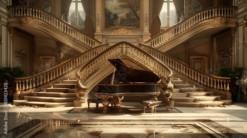 A luxurious staircase with a grand piano at its base for a touch of elegance