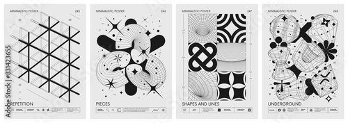 Brutalist style vector minimalistic Posters with silhouette basic figures, Retro futuristic graphic elements of geometrical shapes rave composition, Modern monochrome print artwork, set 62 photo
